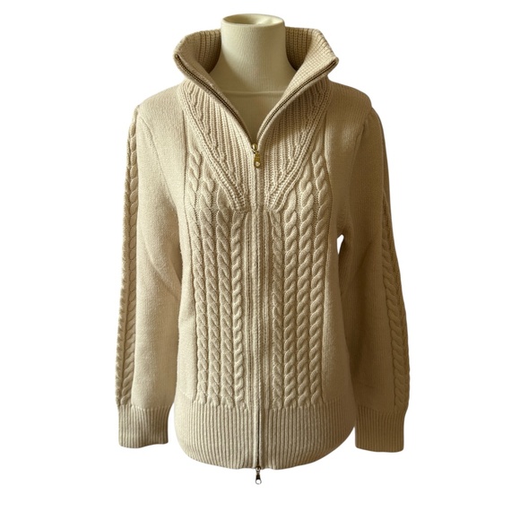 CK BRADLEY SWEATER 2 WAY FULL ZIP CABLE KNIT WOOL NYLON CHUNKY NEUTRAL BEIGE M - Picture 2 of 11
